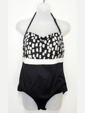 Joe Fresh Abstract Print Halter OnePiece Swimsuit Womens Size Large Black Cream
